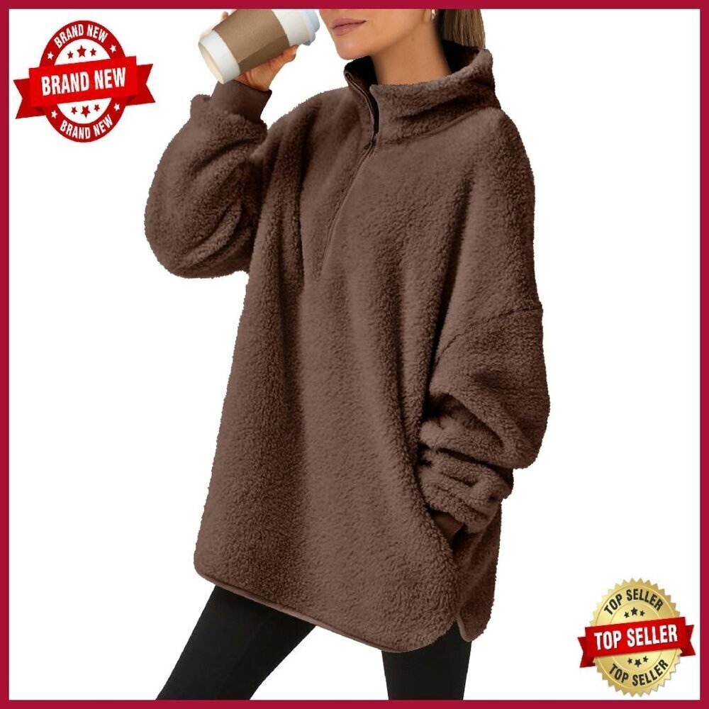 Oversized Sherpa Fleece Zip Hoodie, Half-Zip Turtleneck, Pocket, Cozy Pullover